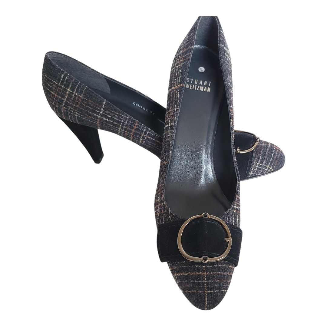 Stuart Weitzman Tattersall Flannel Buckleup Pump Shoes Gray Plaid Women 8.5n